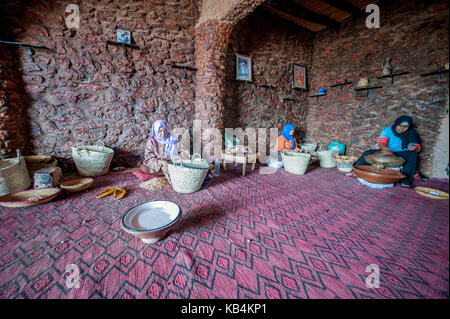 Arganöl Produktion. Ein berber Frau Risse die harte Schale von einem Argan Mutter mit einem Stein. Essaouira, Marokko Stockfoto