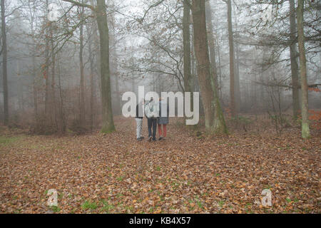 Drei Personen in der Mitte einer nebligen Herbst Wald Stockfoto