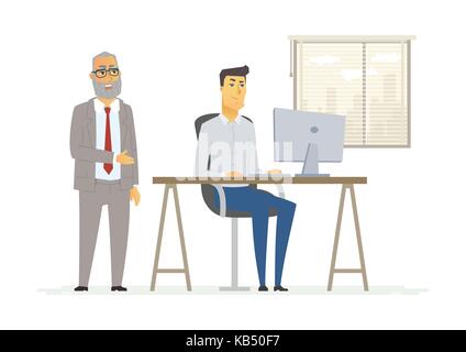 Harten Tag im Büro - Moderne cartoon Menschen Zeichen Abbildung. Ständigen Senior Chef im Anzug ist ein Gespräch mit einem betont unglücklich Arbeiter sitt Stock Vektor