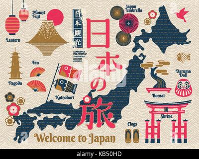 Traditionelle Japan reisen Karte, berühmte Kultur Symbole und Wahrzeichen in Rot, Blau und Gold Farbe, Japan Reisen und Tour in Japanisch Wort in der Mitte Stock Vektor