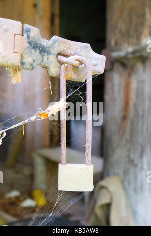 Stahl lange Sperre auf eine alte hölzerne Tür Stockfoto