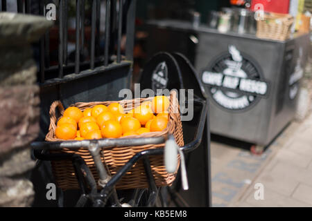 Orangen in alten Fahrrad Korb - Anzeige außerhalb Alf resco Restaurant und Bar in Dartmouth Devon.de Hintergrund unscharf mobile Kaffee Warenkorb Stockfoto