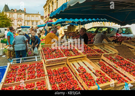 Erdbeere in Rathausplatz am Markttag in diesem alten Bastide ausgeht, Sainte-Foy-la-Grande, Gironde, Aquitanien, Frankreich Stockfoto