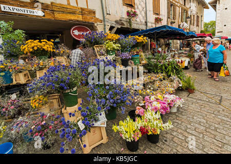 Blume stall in Place Gambetta auf beliebten Markt Tag dieses South West historische Bastide, Eymet, Bergerac, Dordogne, Frankreich Stockfoto