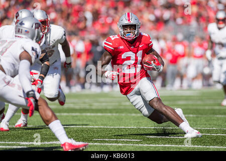 Ohio Stadium, Columbus, OH, USA. 23 Sep, 2017. Ohio State Buckeyes wide receiver Parris Campbell (21), die in Aktion während der NCAA Football Spiel zwischen der Ohio State Buckeyes und die UNLV Rebellen am Ohio Stadium, Columbus, OH. Adam Lacy/CSM/Alamy leben Nachrichten Stockfoto