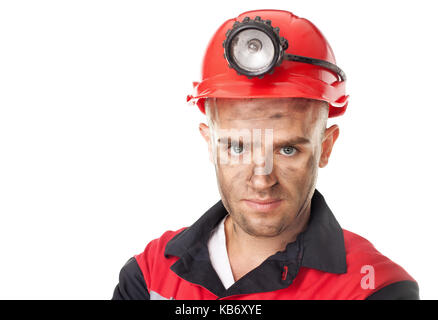 Closeup Portrait von schweren coal Miner auf weißem Hintergrund Stockfoto