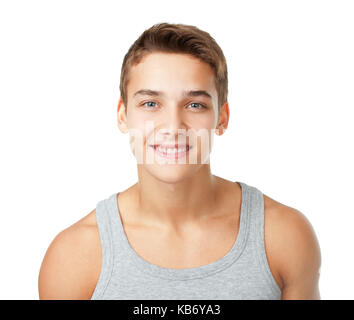 Porträt der jungen Mann mit T-Shirt auf weißem Hintergrund Stockfoto