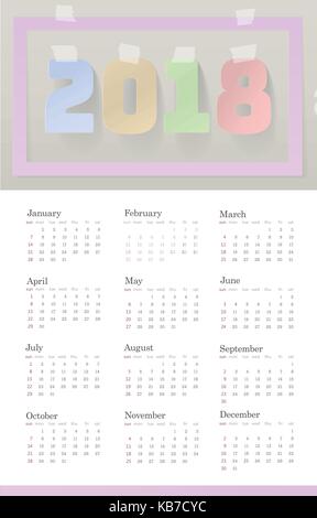 2018 Vorlage Kalender. Woche beginnt Sonntag. Satz von 12 Monaten. Portrait vertikale Ausrichtung. Papier schneiden Kunst Pastellfarben Klebeband Design Vector Illustration Stock Vektor