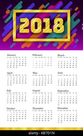 2018 Vorlage Kalender. Woche beginnt Sonntag. Satz von 12 Monaten. Portrait vertikale Ausrichtung. Disco farbenfrohen trendigen Bewegung Formen dynamische Design Vector Illustration Stock Vektor