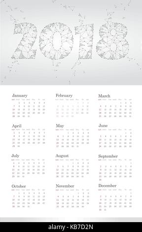 2018 Vorlage Kalender. Woche beginnt Sonntag. Satz von 12 Monaten. Portrait vertikale Ausrichtung. Low Poly Grau Weiß neutral Abstrakte polygonalen Triangle Design Vector Illustration Stock Vektor