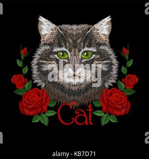 Braun Grau gestreifte Katze Augen Gesicht Kopf Blumenarrangement. Stickerei Design Print textile Dekoration stitch Textur patch Beschriftung Beschriftung ornament Vector Illustration Stock Vektor