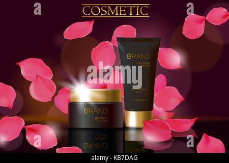 Schwarz kosmetische Ad Design vorlage. Dark golden Skin Care Paket Rohr Glas Reflexion. Rosenblätter defocuced Hintergrund Werbe banner Vector Illustration Stock Vektor