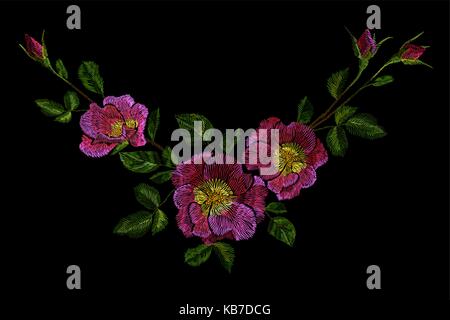 Stickerei Blume rosa Rose wildflower dogrose Briar Patch. Mode drucken textile ornament Deko Vector Illustration Stock Vektor