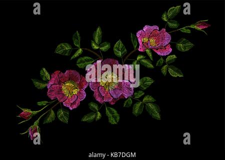 Stickerei Blume rosa Rose wildflower dogrose Briar Patch. Mode drucken textile ornament Deko Vector Illustration Stock Vektor