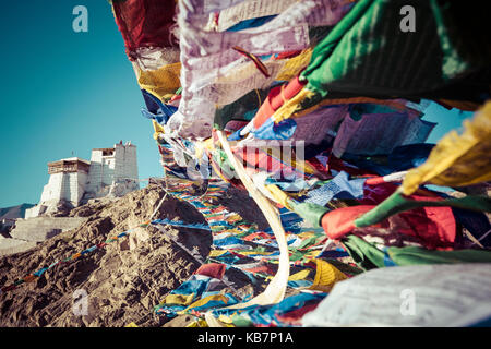 Gebet tibetische Fahnen in der Nähe des Namgyal Tsemo Kloster in Leh, Ladakh Stockfoto