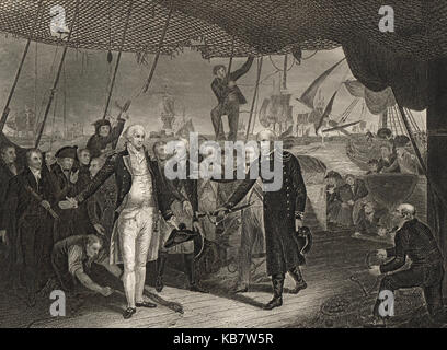 Die kapitulation von Admiral de Winter an Admiral Duncan an Bord der HMS Venerable, der Schlacht von Camperdown, 11. Oktober 1797 Stockfoto