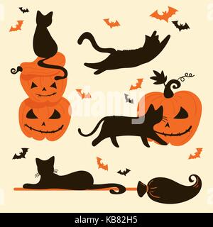 Halloween Katzen und Kürbisse. Trick oder Festlichkeit Karte Stock Vektor