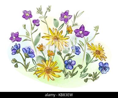 Aquarell blumen Veilchen und Stiefmütterchen und Blätter auf Wiese Stock Vektor