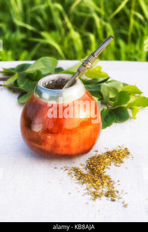 Traditionelle Lateinamerika Kräutertee in mate Calabash mit speziellen Stroh bombilla Stockfoto