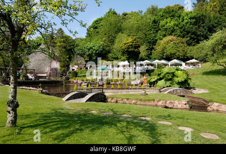 Rose Cottage Tea Gardens, cockington, Torquay Devon, Großbritannien - Blick über den Rasen und Stream mit, Kaffee Terrassen, strohgedeckten Kinderbett und Musikpavillon im Hintergrund Stockfoto