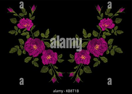 Stickerei Blume rosa Rose wildflower dogrose Briar Patch. Mode drucken textile ornament Deko Vector Illustration Stock Vektor