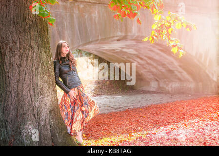 Schöne Mädchen gegen einen grossen Baum mit bunten Blättern gelehnt, und geniessen Sie die herbstliche Atmosphäre, in Schwäbisch Hall, Deutschland. Stockfoto