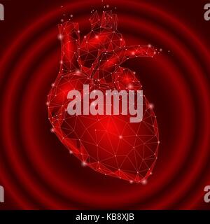 Menschliche Herz Schlägt internen Organ Dreieck Low Poly. Verbunden dots Rot Impuls Technologie 3D-Modell der Medizin gesunder Körper Teil Vector Illustration Stock Vektor