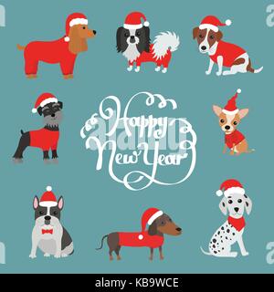 Grußkarte für 2018. Frohes neues Jahr. Hunde in Kostüme Santa Claus Stock Vektor