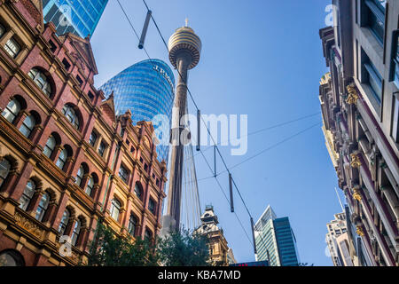 Australien, New South Wales, Sydney, Blick auf Sydney Tower von Pitt Street, Sydney mit 309 Meter der höchste Struktur Stockfoto
