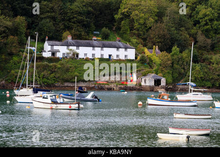 Vergnügungsboote, Jollen und Fischerboote an der Küste von Trebeurden Quay unterhalb der Ferienhäuser am Fluss Yealm, Devon, Großbritannien Stockfoto