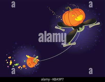 Die Cute Halloween Kürbis Fliegen auf eine Drohne und sammeln Süßigkeiten Stock Vektor