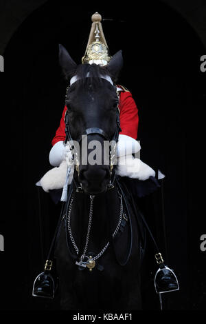 Royal Horse Guard auf Pferd zurück draußen sitzen Horse Guards Museum, Whitehall, London Stockfoto