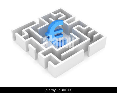 Euro Symbol in Weiß Labyrinth, das ist ein 3D-gerenderte Computer generierten Bildes. Auf Weiß isoliert. Stockfoto