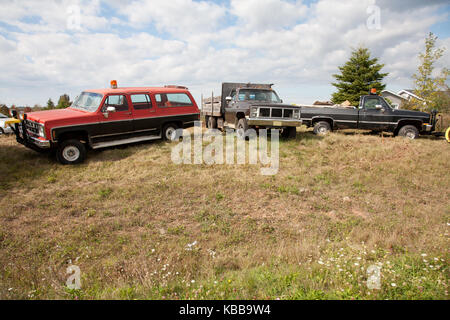 Drei alte Arbeit Fahrzeuge oder Fahrzeuge, die in einem Feld geparkt wartet auf einen Job Stockfoto