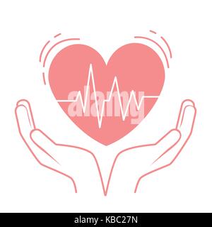 Konzept der Behandlung, Pflege für das Herz, die in der Form der Hände, die das Herz, das Impulse. Symbol in der linearen Stil Stock Vektor