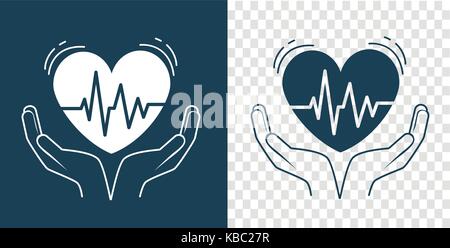 Konzept der Behandlung, Pflege für das Herz, die in der Form der Hände, die das Herz, das Impulse. Symbol in der linearen Stil. schwarze und weiße Silhouette Stock Vektor