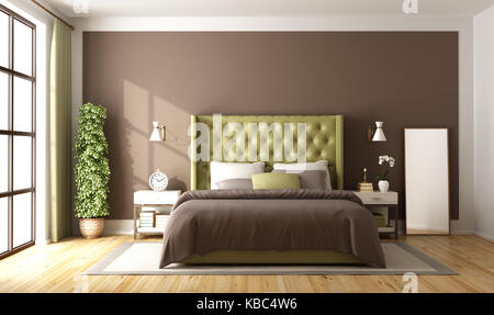 Braun und Grün Schlafzimmer mit Doppelbett - 3D-Rendering Stockfoto