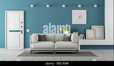 Wohnzimmer mit gepanzerte Eingangstür und weißen Sofa - 3D-Rendering Stockfoto