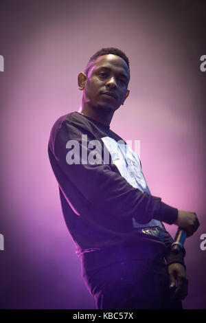 Der amerikanische Rapper Kendrick Lamar führt live Konzert in der norwegischen Musik Festival Øyafestivalen 2013. Norwegen, 08/08 2013. Stockfoto