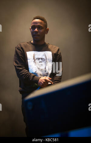 Der amerikanische Rapper Kendrick Lamar führt live Konzert in der norwegischen Musik Festival Øyafestivalen 2013. Norwegen, 08/08 2013. Stockfoto