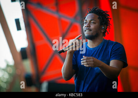 Der amerikanische Rapper und Lyriker Kendrick Lamar führt ein Live Konzert in der Orange Stage bei den Danish Music festival Roskilde Festival 2015. Dänemark, 03/07 2015. Stockfoto