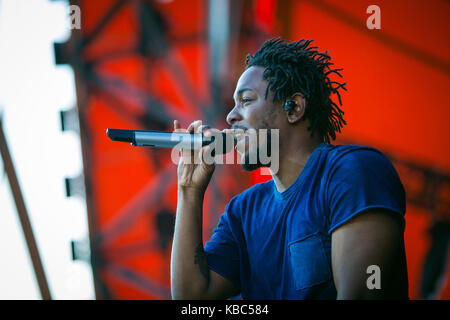 Der amerikanische Rapper und Lyriker Kendrick Lamar führt ein Live Konzert in der Orange Stage bei den Danish Music festival Roskilde Festival 2015. Dänemark, 03/07 2015. Stockfoto