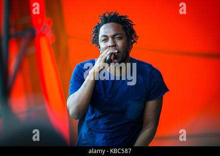 Der amerikanische Rapper und Lyriker Kendrick Lamar führt ein Live Konzert in der Orange Stage bei den Danish Music festival Roskilde Festival 2015. Dänemark, 03/07 2015. Stockfoto