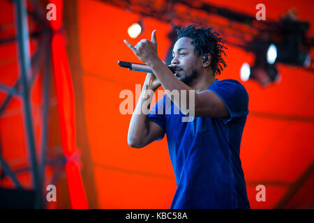 Der amerikanische Rapper und Lyriker Kendrick Lamar führt ein Live Konzert in der Orange Stage bei den Danish Music festival Roskilde Festival 2015. Dänemark, 03/07 2015. Stockfoto