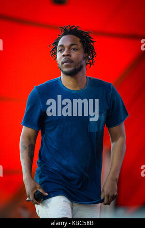 Der amerikanische Rapper und Lyriker Kendrick Lamar führt ein Live Konzert in der Orange Stage bei den Danish Music festival Roskilde Festival 2015. Dänemark, 03/07 2015. Stockfoto