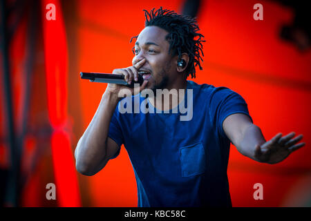 Der amerikanische Rapper und Lyriker Kendrick Lamar führt ein Live Konzert in der Orange Stage bei den Danish Music festival Roskilde Festival 2015. Dänemark, 03/07 2015. Stockfoto