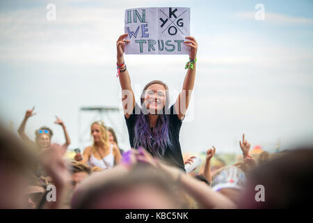 Enthusiastisch und energiegeladene Musik Fans bei einem Konzert mit der Norwegischen DJ und Produzent Kygo, die an der Musik Festival Lollapalooza 2015 in Berlin führt verrückt. Deutschland, 13/09 2015. Stockfoto