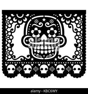 Mexikanische Sugar Skull Vektor papierdeko - Papel Picado Design in Schwarz für Halloween, Dia de Los Muertos, Tag der Toten Stock Vektor