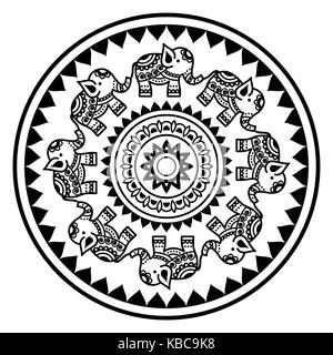 Indische Mandala mit Elefanten und abstrakte Formen, Mehndi - Indische Henna Tattoo Style vector Pattern Stock Vektor