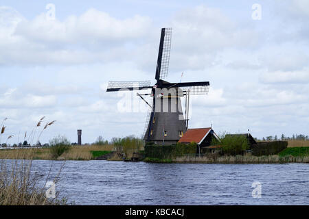 Holländische windmühle am Nachmittag bauen und Neben polder Wasser in kinderdijk South Holland verwendet Wasser ablassen durch den Einsatz von Windkraft und k Stockfoto